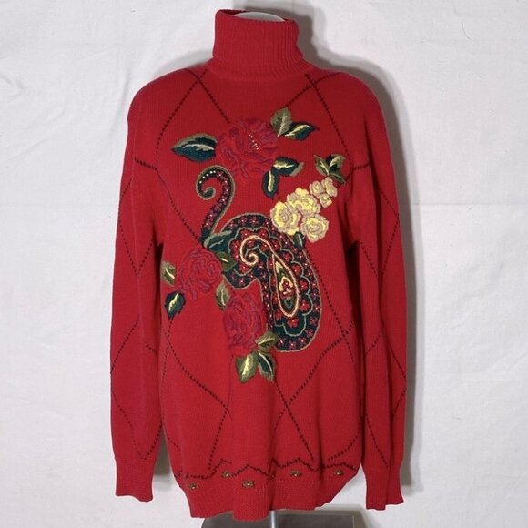 Vintage Herman Geist Ramie Cotton Hand Embroidered Paisley Floral Mock Neck - Picture 1 of 16